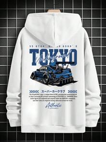 Striville Men's Autumn/Winter American Street Style Blue Wide-Body Racing Checkered Flag Handwritten English Combination Print Pocket Drawstring Casual Hoodie - White - View 4