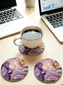 1/6/12pcs Purple Gold Rim Marble Floral Wooden Coasters, Alcohol Ink Abstract Floral Round Drink Coasters, Heat-Resistant Desktop Protection Coasters, Aesthetic Modern Home Kitchen Office Decor, Elegant Housewarming Gift - Purple - View 4