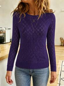 Fashion Women's Casual Hollow Out Long Sleeve Round Neck Knit Sweater Summer Style - Purple - View 1
