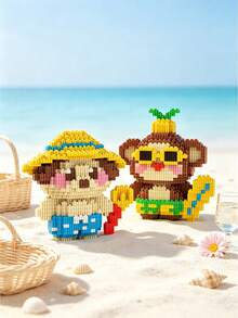 1500pcs Mini Micro Building Blocks Summer Beach Animal Series DIY Assembly Figurine Cute Cartoon Elephant Monkey Fox Rabbit Kitten Desktop Home Decor Holiday Stress Relief Handmade Ornament Gift For Teens And Adults - Multicolor - View 7