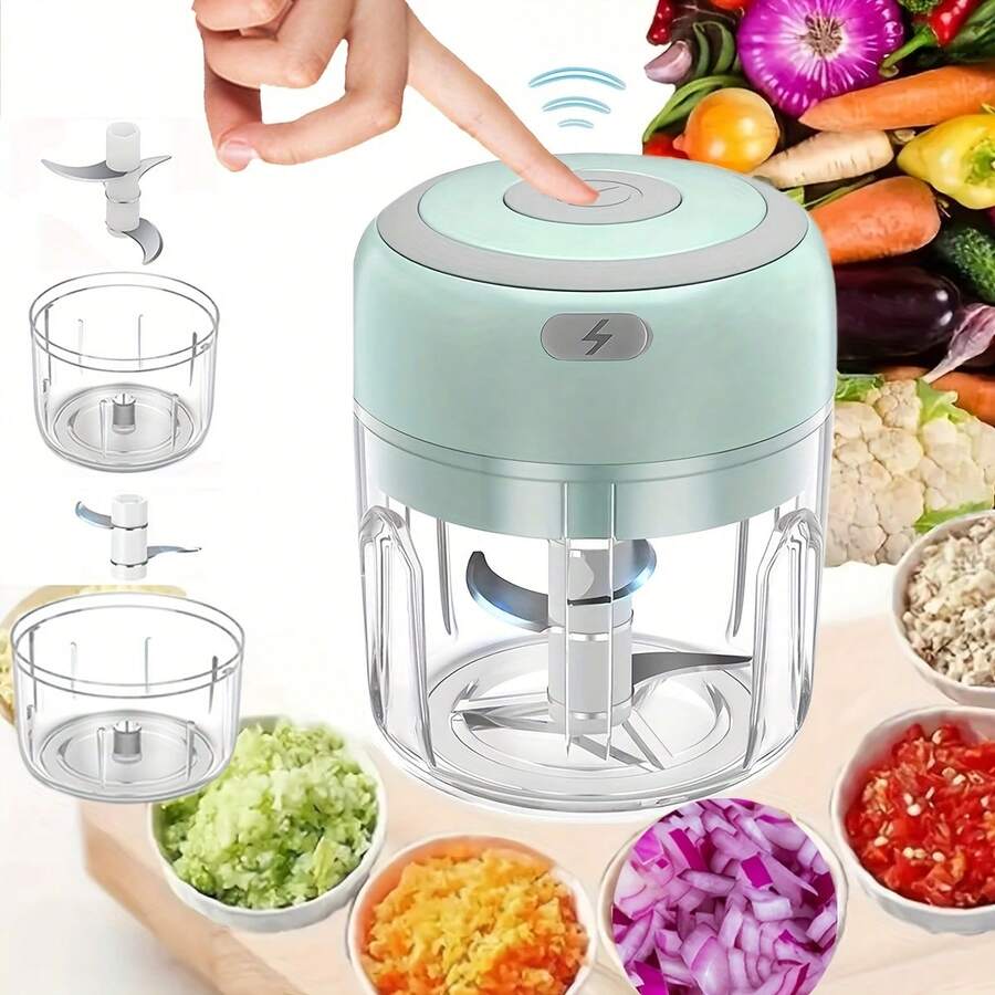 電動迷你食物切碎機－小型便攜式廚房電器，無線電動大蒜切碎機與迷你食物處理機，便攜式迷你食物處理機，可充電蔬菜攪拌機（輕量化設計，適用於堅果、辣椒、洋蔥）塑膠材質，蔬菜切碎攪拌機