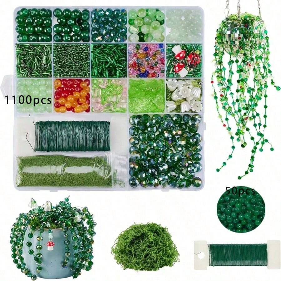 1100pcs Set/50pcs Loose Beads Green Tone Beading Kit, For DIY Bracelets, Necklaces, Earrings, Loose Beads, Wallet Charms, Phone Charms, Bag Charms, Home Decor, Eternal Plant Flower Bead Making Colorful Set (Random Color) - Multicolor - View 1