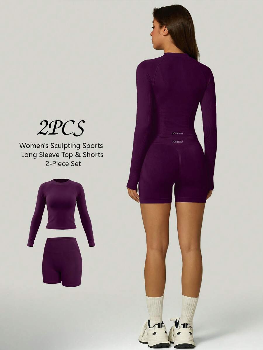 UONNOU 2pcs Women's Spring/Summer Sports Set, Soft Skin-Friendly Long Sleeve Top + Shaping Shorts, Tummy Control Butt Lifting Slimming Workout Outfit - Purple - View 1