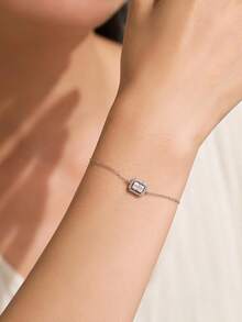 1pc 0.8ct Rectangular Moissanite 925 Sterling Silver Luxury Chain Bracelet For Women, Fine Jewelry - Silver - View 3
