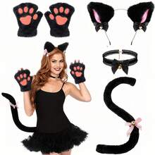 4件/3件/2件派對裝扮配件組，可愛卡通貓 Cosplay 道具，愛好收藏，派對用品，貓耳（包子造型）髮箍，貓爪手套，貓尾配件，項鍊組，表演道具，黑色 - 彩色 - 查看 3