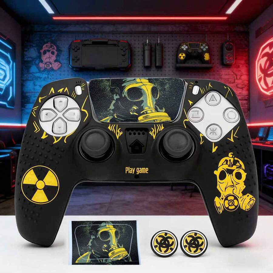 4pcs/Set Game Controller Protective Case, Including 1pc Yellow PlayStation5 Controller Protective Shell, 1pc Sticker, 1 Pair Joystick Caps - Yellow - View 1