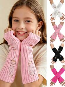 1 Pair Hollow Out Distressed Knit Fingerless Gloves, Mid-Length Arm Warmers, Warm Fashion Knitted Arm Sleeves For Girl, Suitable For Cold Winter - 1Pair - View 1