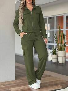 女款秋冬修身通勤純色兩件套，多功能實用套裝 - 軍綠色 - 查看 3