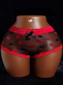 Women's Sexy Panties, Lip Print, Bow Decor, Lace Patchwork, Contrast Color Mesh, Comfortable Cute Semi-Sheer Loungewear Underwear - Burgundy - View 9