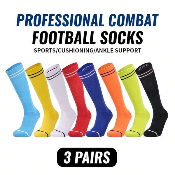 3 Pairs Kids Sports Football Socks, Durable & Anti-Slip, Suitable For Boys & Girls Football, Basketball, Volleyball, Rugby, Cycling, Running And Fitness Training. High-Top Design, Comfortable Fit, Multiple Colors Available, For Youth Sports Football Training
