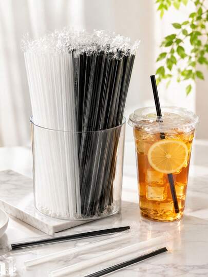 200pcs Black/White Straws (Thin Straws), Short Plastic Straws,Pp Straws, Suitable For Wedding, Festival Party, Bar Drinks, Birthday Party Supplies, Restaurant, Cafe, Home Use