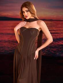Elegant Brown Ribbon Decor Backless Lace-Up Bandeau Ultra-Long Mermaid Skirt Party Formal Dress 2-Piece Set - Brown - View 2