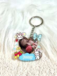Llavero de Corazón Personalizable con Texto & Foto, Colgante de Acrílico con Marco de Conejo y Fresa Lindo, Regalo Conmemorativo Adorable para Dueños de Perros - Multicolor - Ver 2