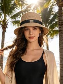 1pc Women's Summer New Solid Color Minimalist Versatile Easy-To-Care Elegant Outdoor Sun Protection Beach Straw Hat, Summer Hot-Selling Fashion Easy-To-Care Face-Slimming Outdoor Sun Protection Bucket Hat, Comfortable Elegant Elegant Casual Suitable For Outings, Gatherings, Shopping, Travel, Vacation And Other Occasions - Multicolor - View 1