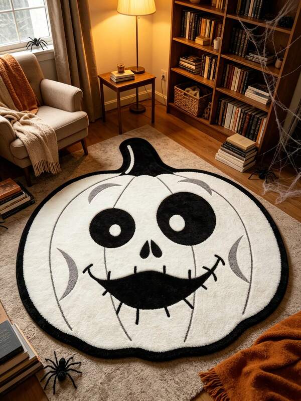 1pc Black & White Fun Pumpkin Rug, Halloween Doormat, Decorative Carpet, Bedroom Decor, Small Rug, Carpet, Home Decor, Living Room Rug, Living Room Small Rug, Bedroom Carpet, Living Room Home Decor