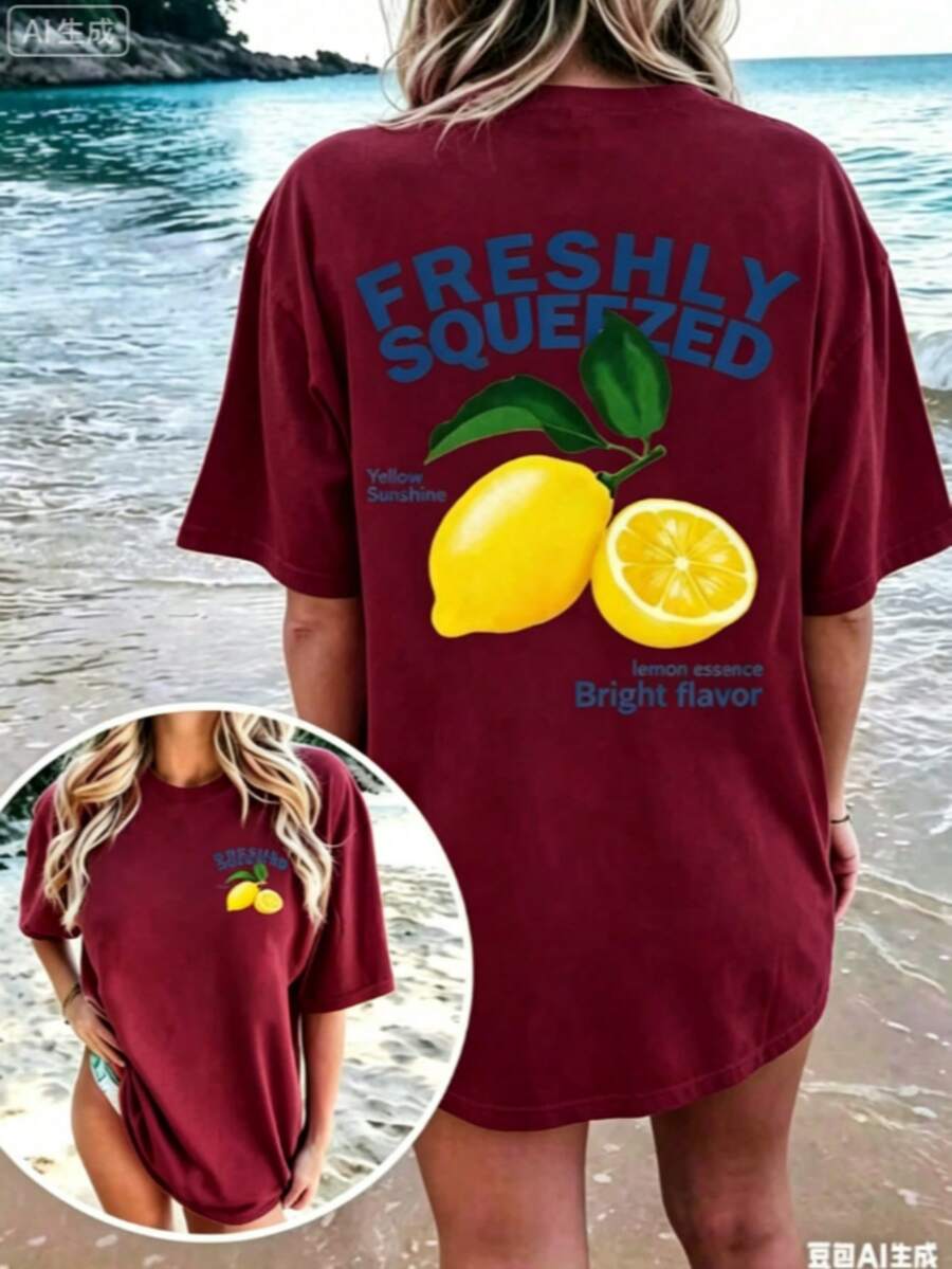 FRESHLY SQUEEZED Casual Lemon Vacation Atmosphere Graphic Oversized Round Neck Short Sleeve-Shirt WomenUnisex Casual-Shirts - 酒紅色 - 查看 1