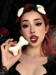 1/2pcs Skull Hair Clips - White Plush Dog Bone Shaped Alligator Clips, Suitable For Cosplay Parties And Halloween Hairstyles - Multicolor - View 3