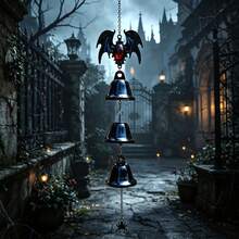 1pc Gothic Bat Wind Chime Hanging Decor, Black Metal Bell With Spider Pendant, Dark Aesthetic Halloween Home Garden Porch Yard Outdoor Decoration - Bat - View 5