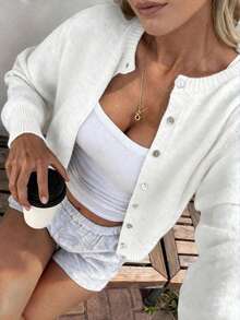 Plus Size Women's Spring/Autumn/Winter New White Round Neck Single-Breasted Knit Cardigan, Casual Y2K Style, Suitable For Daily Commute Wear - White - View 1