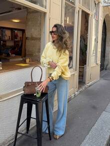 Plus Size Women's Solid Color Minimalist Long Sleeve Loose Pullover, Suitable For Young Women's Casual Daily Commute And Afternoon Tea Fall - Yellow - View 1