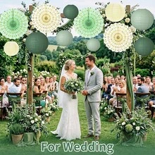 4pcs/12pcs Dark Green, Sage Green Paper Lantern Party Decoration Set, Including Hanging Paper Fans, Suitable For Ceiling, Wall, Patio, Garden And Photo Backdrop, Applicable For Birthday Party Decoration, Wedding Decoration, Shower Decoration, Anniversary, Bridal Shower - B231 - View 2