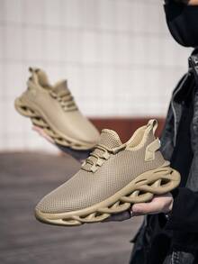 Men's Minimalist Solid Color Knit Mesh Breathable Hollow Bottom Shock-Absorbing Running Shoes, Lightweight Soft Comfortable Casual Sports Shoes For Outdoor Daily Commute - Khaki - View 9