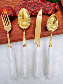 4/24pcs Elegant Ceramic Handle Stainless Steel Cutlery Set, Including Steak Knife, Fork, Dessert Spoon, Soup Spoon, Unique Design Suitable For Home, Restaurant, Kitchen, Daily Dining, Party And Holiday Gathering - Gold - View 13