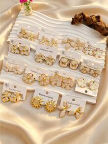 4/8/16/20-Piece Set: Elegant Cream-White Pearl Flower & Four-Leaf Clover Stainless Steel Earrings – Women's Accessories & Wedding Gift Earrings - Multicolor - View 3