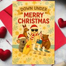 1 Greeting Card + 1 Envelope Cheerful Australian Christmas Greeting Card, Beach Animals With Surfboard "Down Under Merry Christmas", For Friends, Summer Holiday Vintage Style Festive Card. - View 9