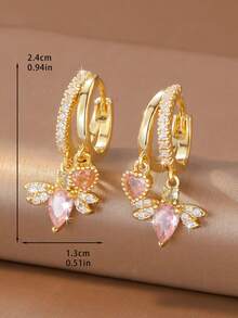 1 Pair Sweet Cool Pink Zirconia Heart Teardrop Wing Double Pendant Double Layer Earrings, Suitable For Women's Spring Date And Daily Wear - Wing - View 10