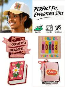4/16pcs Book Lover Embroidered Iron-On Patch Set, Sweet Literary Girl Reading Slogan Applique, Bow Cherry Letter Block Flower Book Decorative Patch, Literary Atmosphere DIY Accessories, Suitable For Backpack Jacket Jeans Hat Clothing Repair, Back To School Season Gift DIY Hat Jacket Backpack Patch - Multicolor - View 10