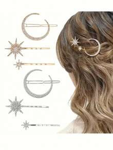 3pcs European & American Hair Accessories Set, Vintage Moon Sun Star Hair Clips, Rhinestone Straight Clip Side Clip - Multicolor - View 1