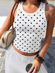 Mystra Summer Minimalist Retro Solid Color Ribbed Versatile Premium Casual U-Neck Tank Top - Black and White Dots - View 3
