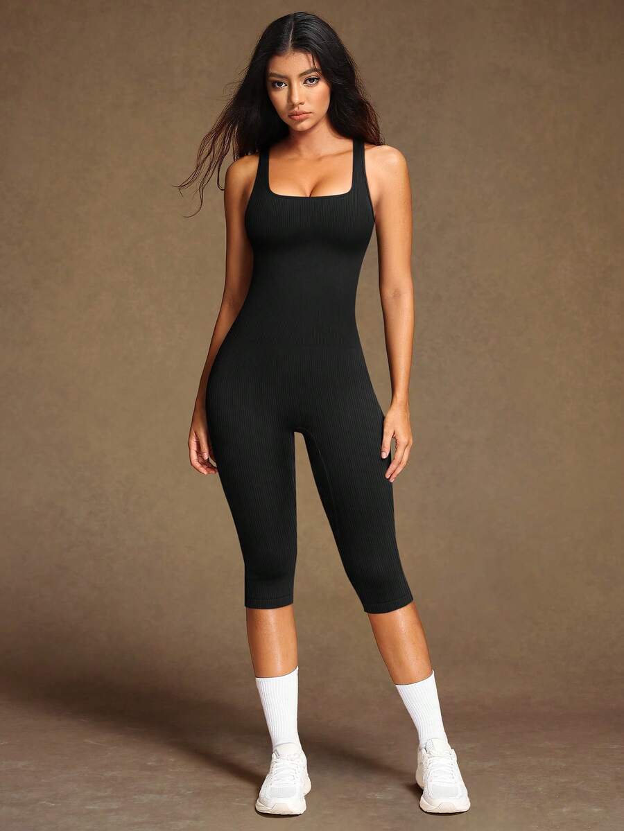 VVX Women's Yoga Capri Jumpsuit Square Neck Backless Tummy Control Butt Lifting, Workout Shorts Romper Seamless Ribbed Sleeveless Unitard For Gym Sports