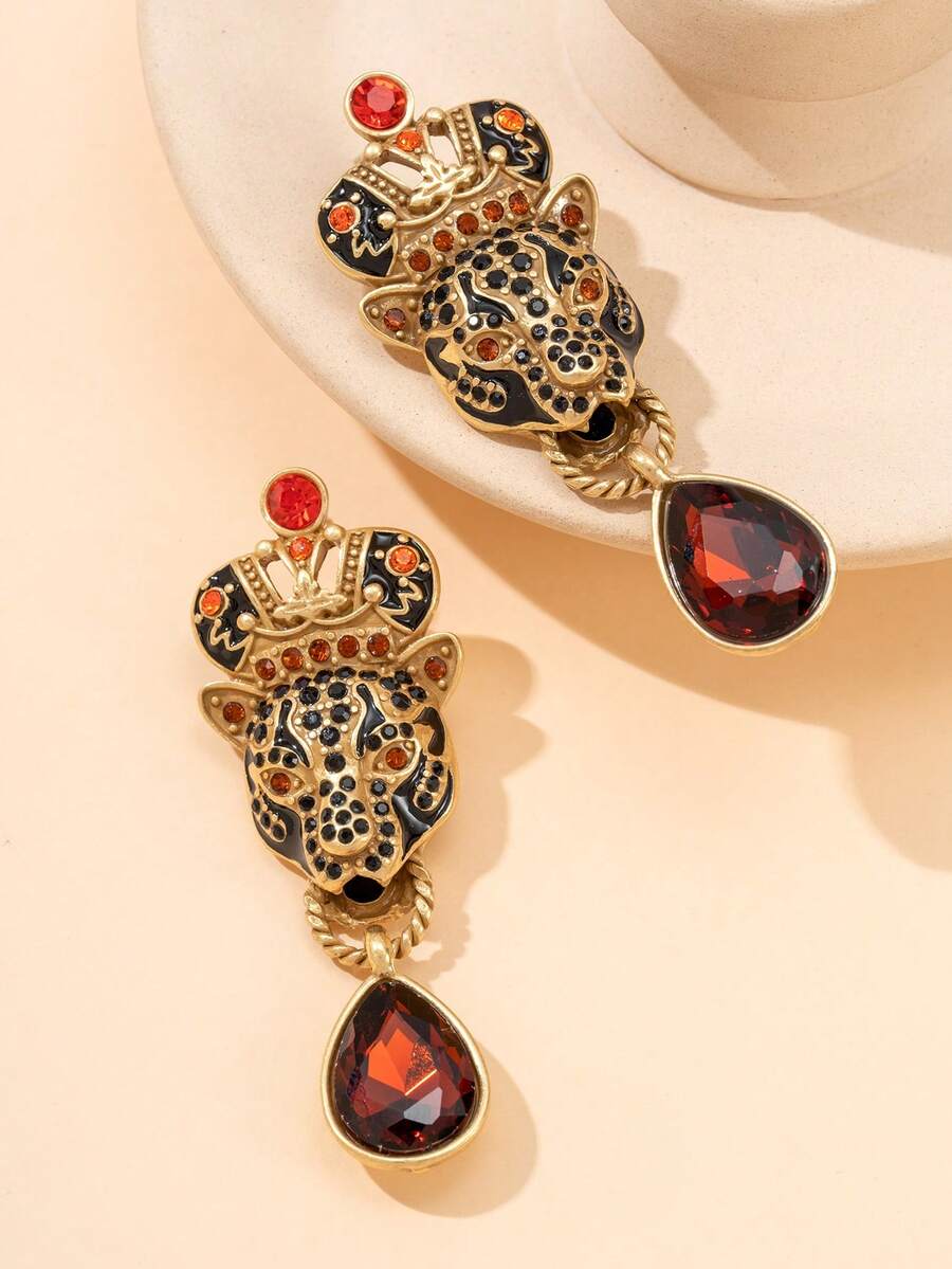1 Pair Luxury Leopard Head Crown Stud Earrings With Red Teardrop Rhinestones, Vintage Distressed Gold Texture Women's Party Earrings Daily Accessories - Multicolor - View 1