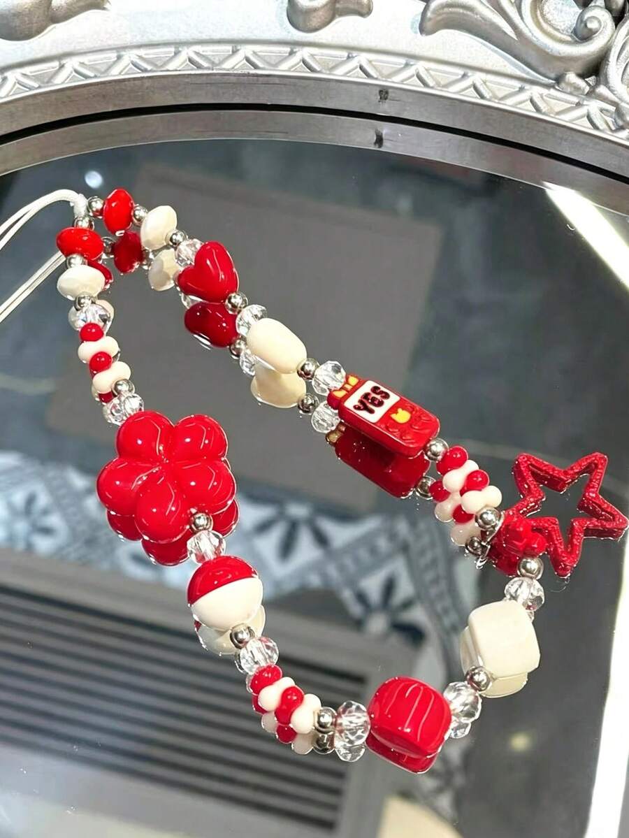 1pc Red White Beaded Phone Lanyard Cute Flower Heart Star Fries Charm Wrist Strap Y2K Aesthetic Phone Chain For Girls - Multicolor - View 1