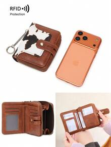 Hot-Selling New RFID Anti-Theft Women's Wallet With Chain Keychain, Colorblock Print Short Coin Purse - White - View 7