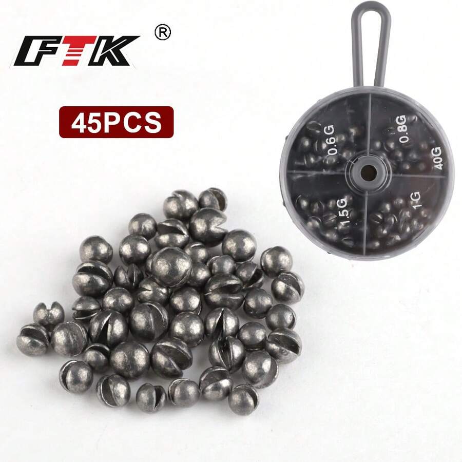 FTK Set Pemberat Pancing 45 Buah (Dengan Kotak Penyimpanan), Kotak Isi 6 Ukuran, Aksesoris Pancing (0.6g/0.8g/1g/1.5g/4.0g)