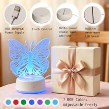 1件 3D蝴蝶壓克力小夜燈，RGB觸控LED檯燈，USB通用插電裝飾燈，護眼3D視覺氛圍燈，適用於臥室、兒童房、客廳，日常禮物，精美禮品 - 白色 - 查看 4