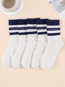 1/5 pares de calcetines de media caña para mujer con estampado minimalista de letras azul y blanco, versátiles para el uso diario - Multicolor - Ver 10