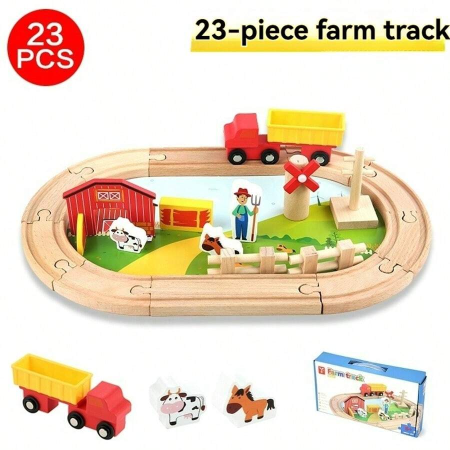 23件農場動物場景軌道教育積木火車玩具套裝 木製玩具