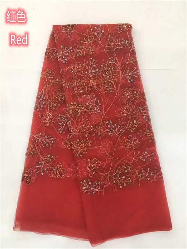 2026 Blue High-Quality Fashion Elegant French Embroidery Handmade Beaded Lace Fabric, African Nigerian Style With Sequins, Suitable For Wedding Party, 5 Yards/1 Yard Red