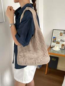 Casual Versatile Crochet Knit Large Capacity Shoulder Bag - Apricot - View 8