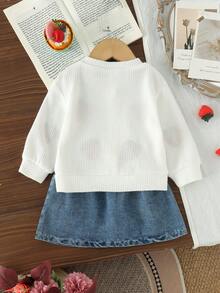 2pcs Baby Girl Preppy Strawberry 3D Embroidered Long Sleeve Knit Cardigan & Denim Mini Skirt Set, Thin For Spring/Autumn - White - View 4