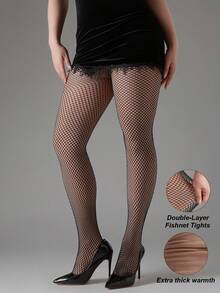 1pc 120g Women's Double-Layer Thermal Lined Vertical Striped Lace Mesh Tights, Autumn/Winter Thickened Warm Sheer Pantyhose, Faux-Skin Warm Leggings, Vertical Geometric Lace Sheer Thickened Pantyhose, Halloween/Christmas Outfit, Suitable For 15-25°C - Black - View 9