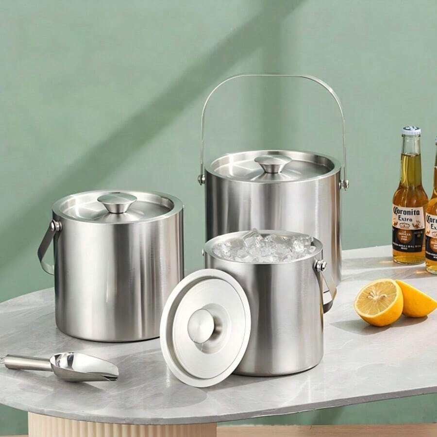 Stainless Steel Ice Bucket With Lid-Featuring A Grooved Design, This Ice Bucket Is Perfect For Mixing Cocktails, Serving Wine And Champagne, And For Use In Home Bars And At Parties - Silver - View 1