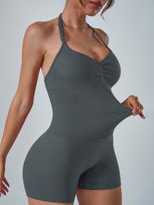 NcmRyu Women's 1pc Solid Color Halter V-Neck Adjustable Strap Ruched Front Open Back Ruched Butt Sports One-Piece Shorts - Dark Grey - View 3