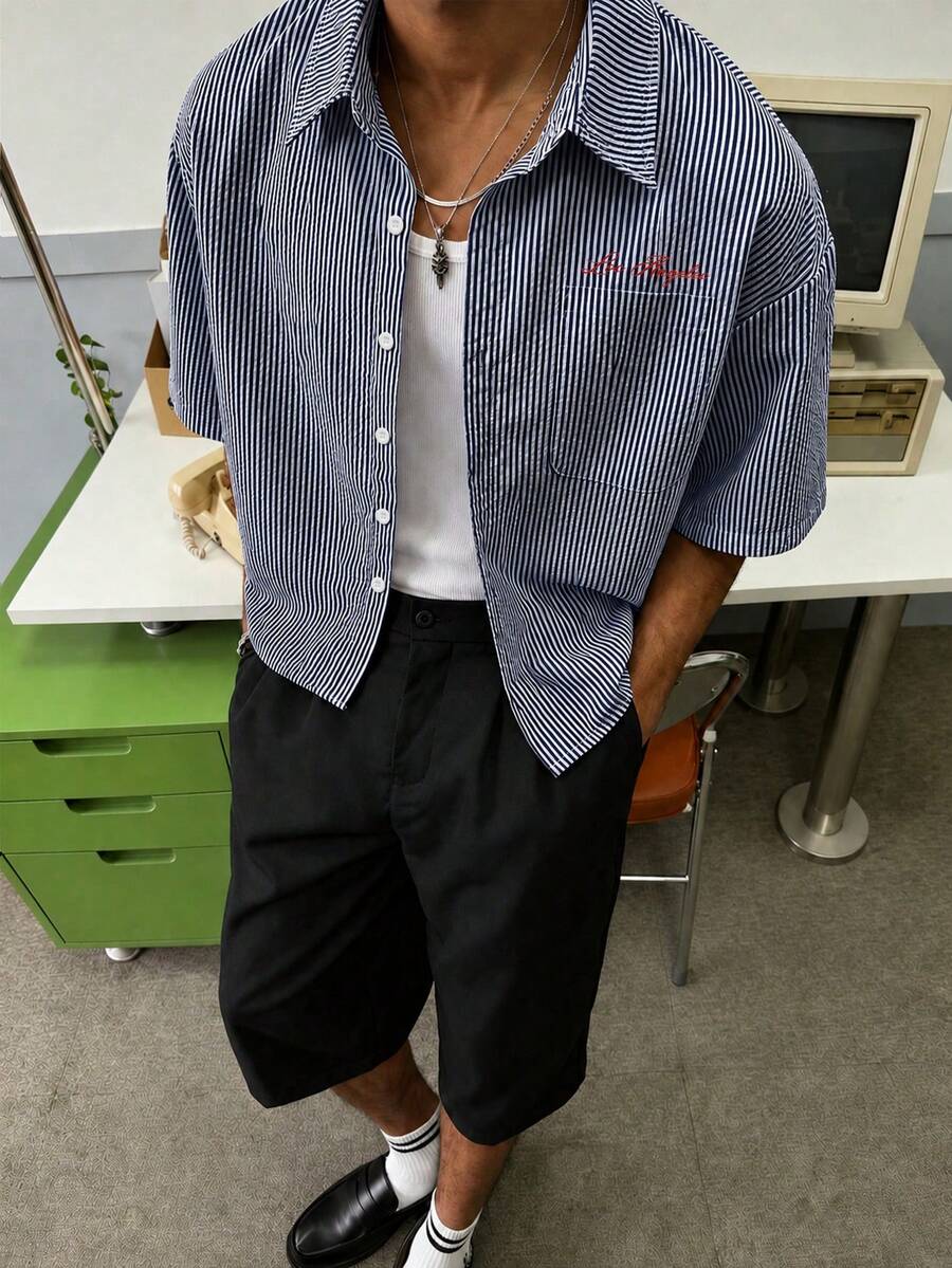 男士夏季休閒純色印花短袖襯衫,度假海灘熱帶風襯衫,日常穿著,法式優雅浪漫,父親節禮物 - 藏蓝色 - 查看 1