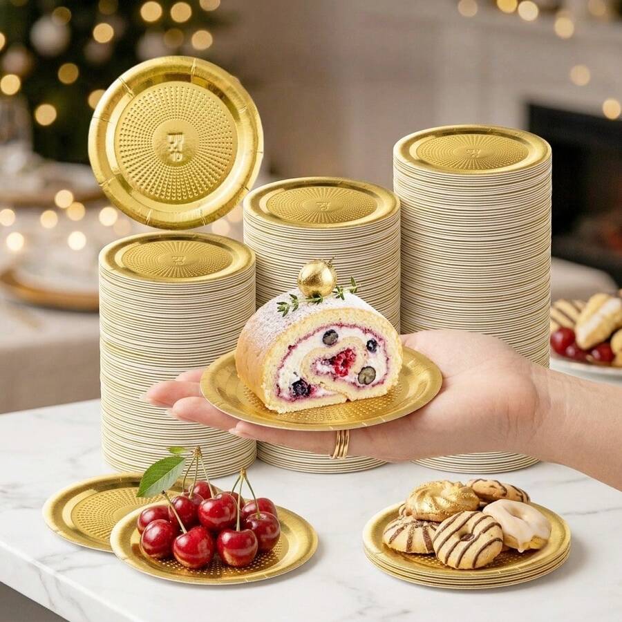 Heavy Duty Metallic Golden Cardboard Cake Base, Round Mini Serving Trays, Small Gold Paper PlatesFor Snack Cupcake Cup Coffee Dessert Nut For Shower Holiday Wedding Birthday Party Decor Tableware - Gold - View 1