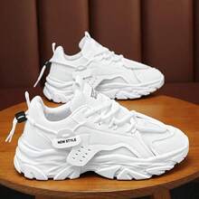 Fashionable White Breathable Sports Shoes, Suitable For Men's Daily Wear, Lace-Up Design, Shock-Absorbing Function, Suitable For Sports, Casual, Walking And Other Occasions - White - View 4